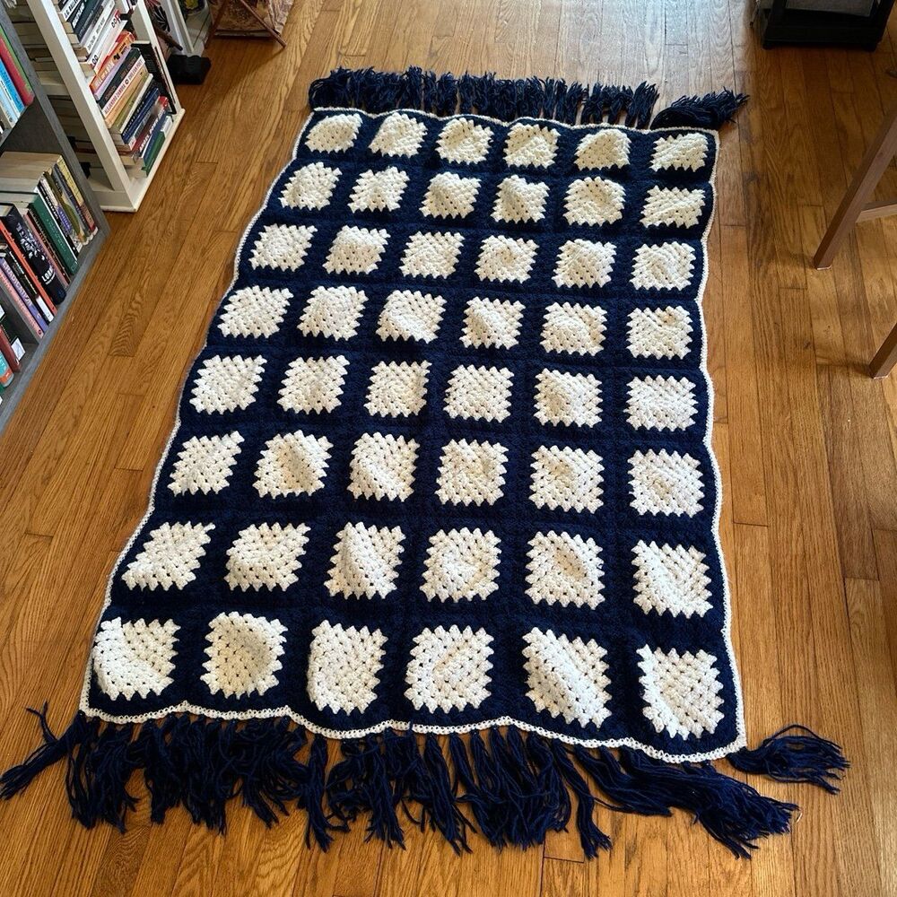 Handmade Crochet Granny Square Afghan Blanket Navy Blue White Fringe Cottagecore